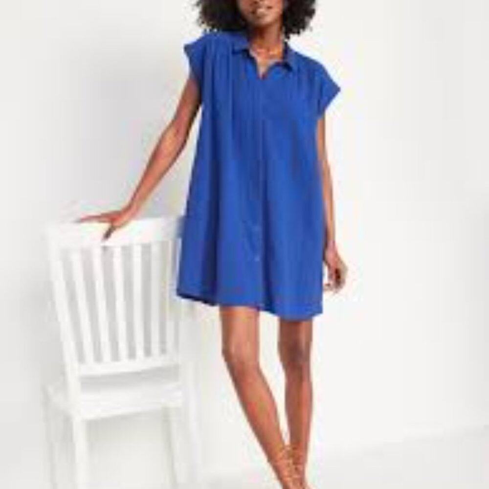 Old Navy Short-Sleeve Double-Weave Mini Swing Shirt Dress Catalyst Blue Size M